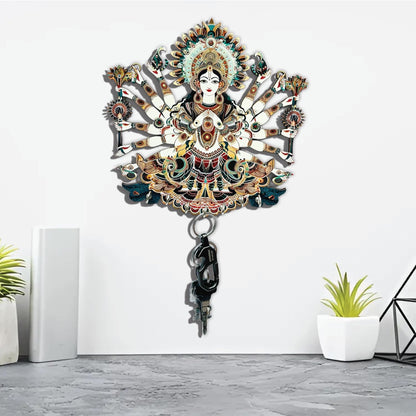 FusionEdge Home Premium Durga Ji Wooden Key Holder, 6 Hooks|20 x 10 cm
