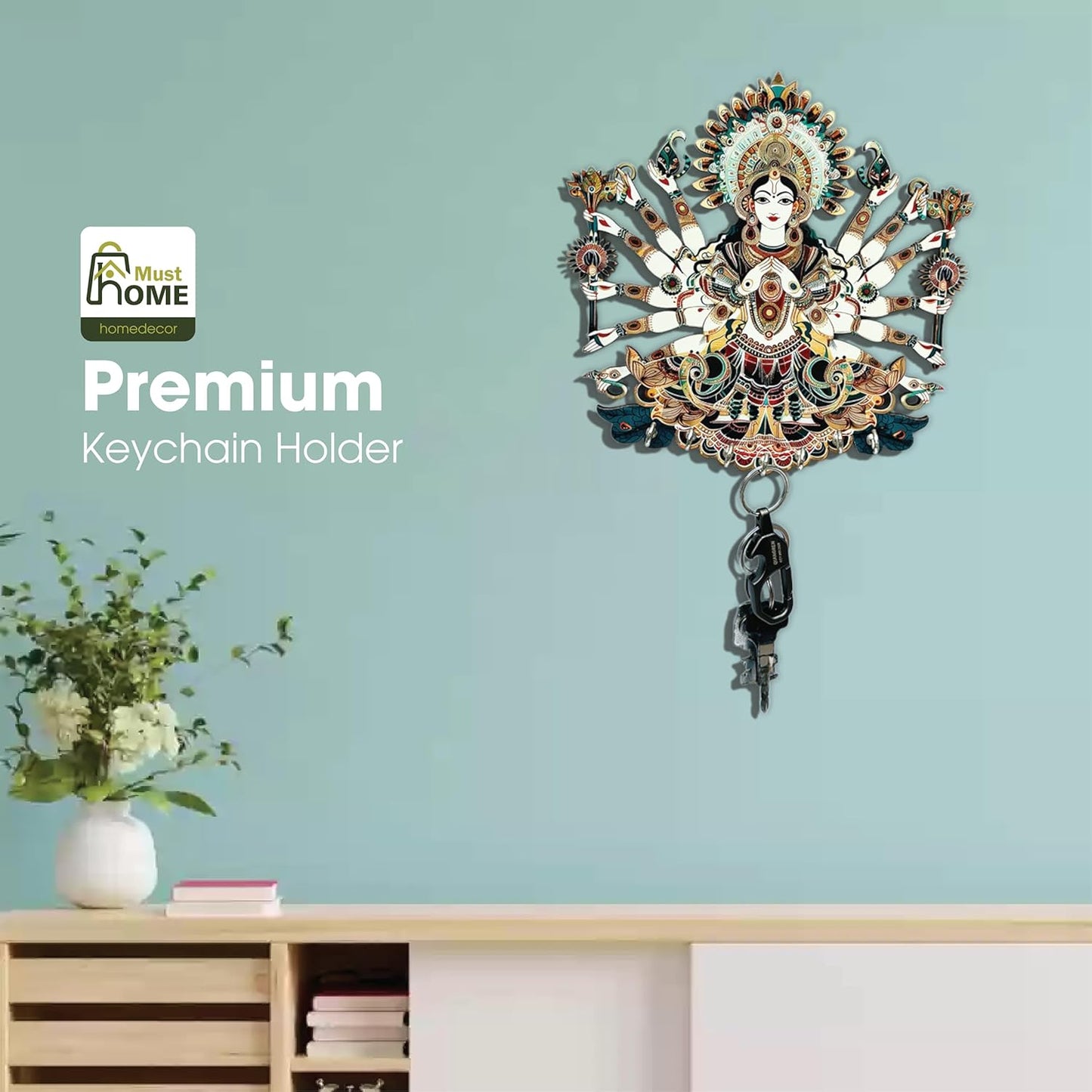 FusionEdge Home Premium Durga Ji Wooden Key Holder, 6 Hooks|20 x 10 cm