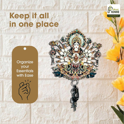 MustHome Premium Durga Ji Wooden Key Holder, 6 Hooks|20 x 10 cm