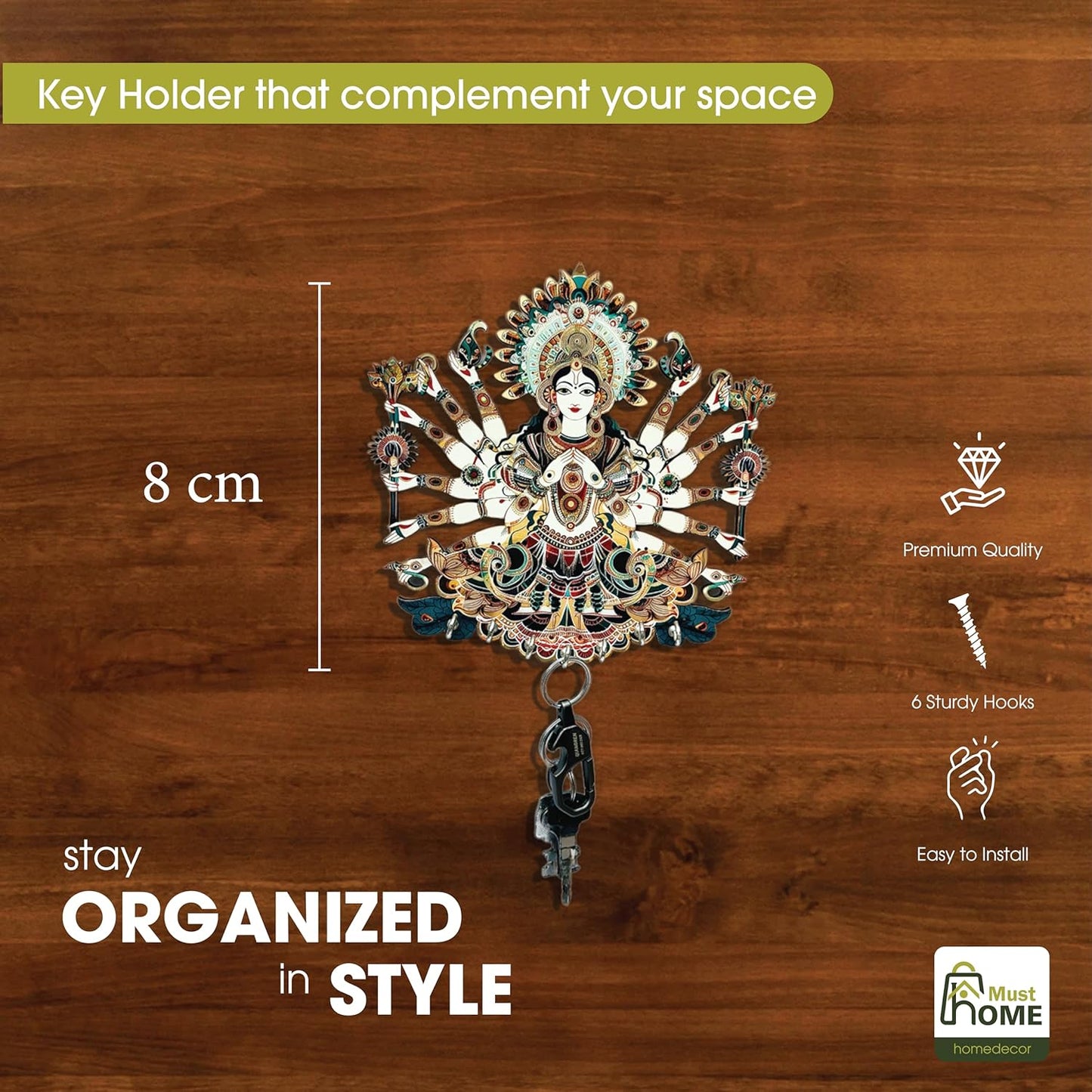MustHome Premium Durga Ji Wooden Key Holder, 6 Hooks|20 x 10 cm