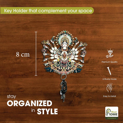 MustHome Premium Durga Ji Wooden Key Holder, 6 Hooks|20 x 10 cm