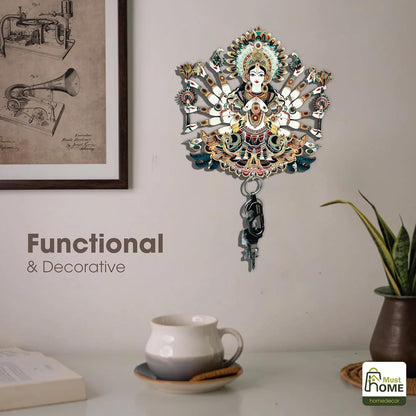 MustHome Premium Durga Ji Wooden Key Holder, 6 Hooks|20 x 10 cm
