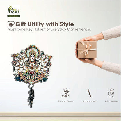 MustHome Premium Durga Ji Wooden Key Holder, 6 Hooks|20 x 10 cm