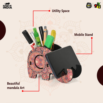 Elephant Shaped Wooden Pen Holder & Mobile Stand | Mandala Art Design | Also with Test Tube Planter