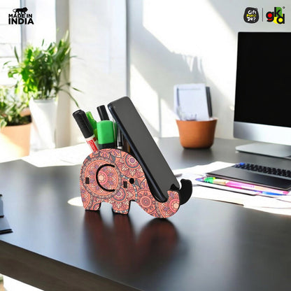 Elephant Shaped Wooden Pen Holder & Mobile Stand | Mandala Art Design | Also with Test Tube Planter