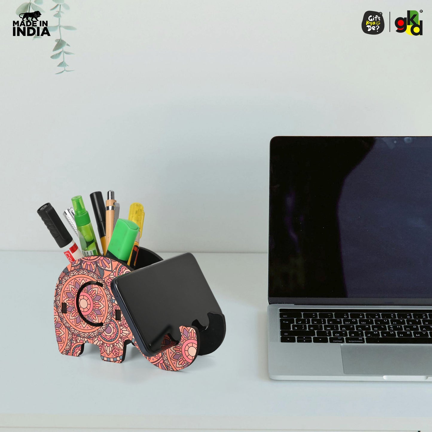 Elephant Shaped Wooden Pen Holder & Mobile Stand | Mandala Art Design | Also with Test Tube Planter