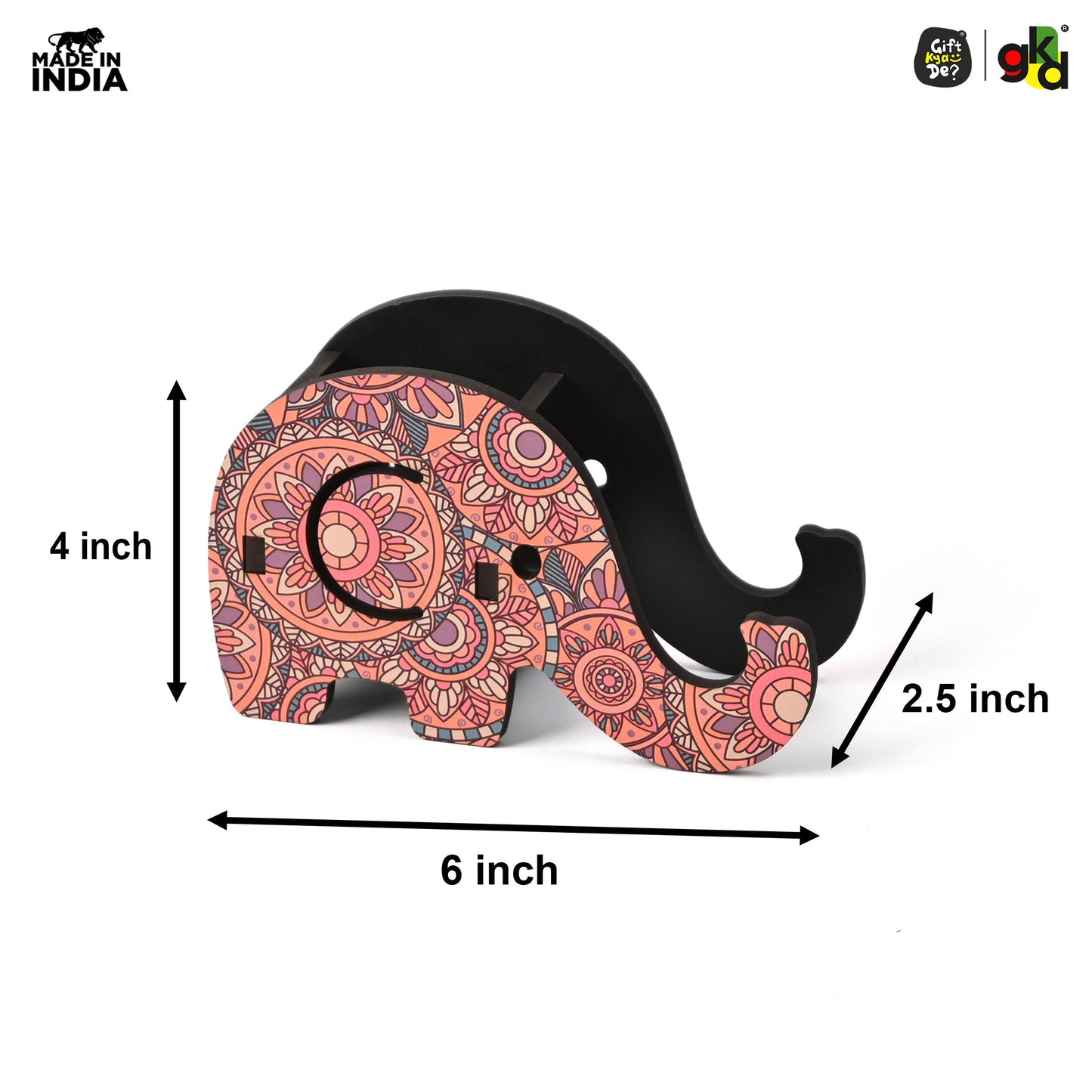 Elephant Shaped Wooden Pen Holder & Mobile Stand | Mandala Art Design | Also with Test Tube Planter