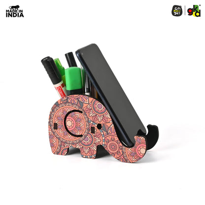 Elephant Shaped Wooden Pen Holder & Mobile Stand | Mandala Art Design | Also with Test Tube Planter