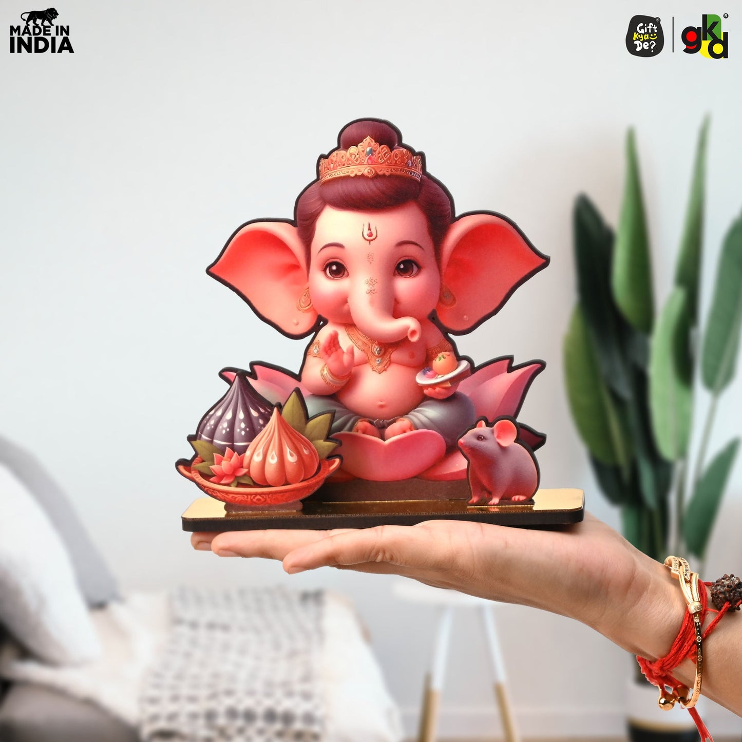 Lord Ganesh Wooden Table Top Frame with Modak and Mouse | Divine Ganesha Idol for Home, Office & Gift Purposes | Spiritual Home Décor 6x5