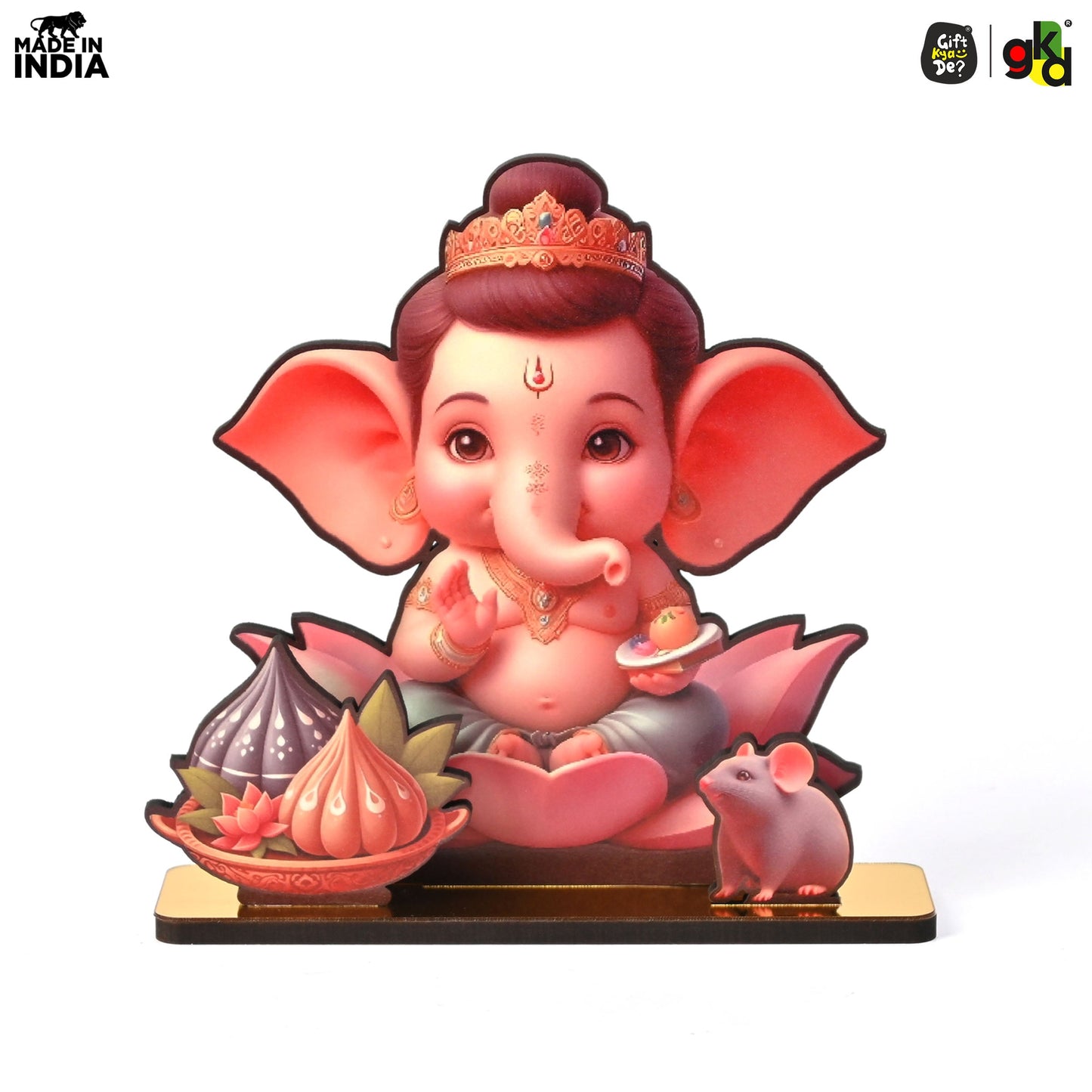 Lord Ganesh Wooden Table Top Frame with Modak and Mouse | Divine Ganesha Idol for Home, Office & Gift Purposes | Spiritual Home Décor 6x5