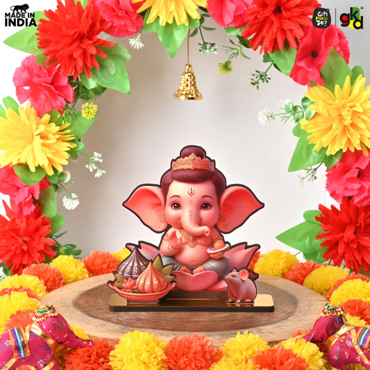 Lord Ganesh Wooden Table Top Frame with Modak and Mouse | Divine Ganesha Idol for Home, Office & Gift Purposes | Spiritual Home Décor 6x5