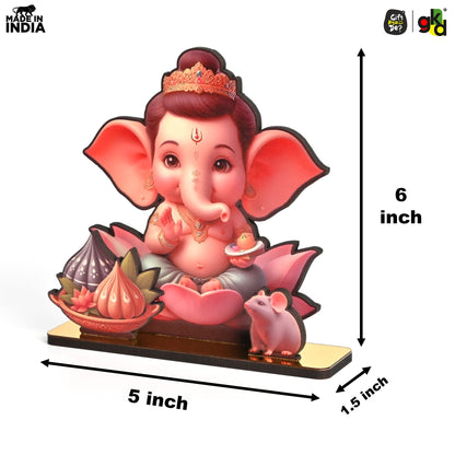 Lord Ganesh Wooden Table Top Frame with Modak and Mouse | Divine Ganesha Idol for Home, Office & Gift Purposes | Spiritual Home Décor 6x5