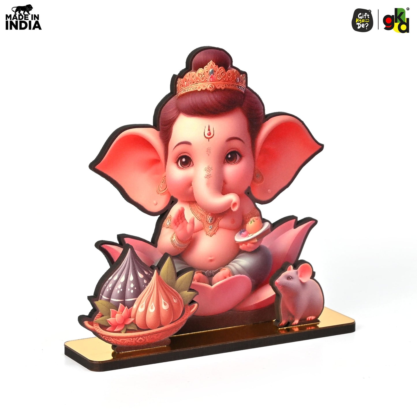 Lord Ganesh Wooden Table Top Frame with Modak and Mouse | Divine Ganesha Idol for Home, Office & Gift Purposes | Spiritual Home Décor 6x5