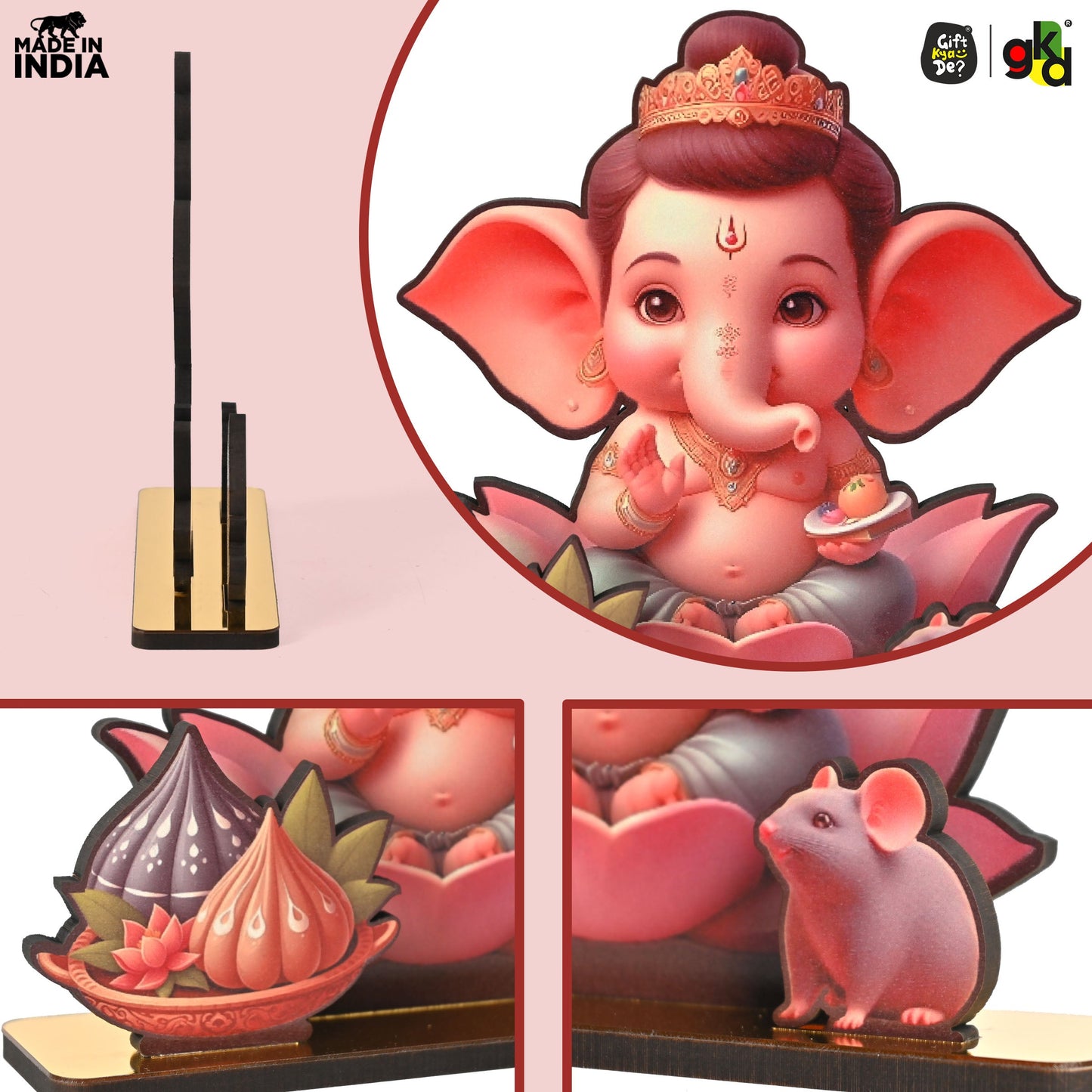 Lord Ganesh Wooden Table Top Frame with Modak and Mouse | Divine Ganesha Idol for Home, Office & Gift Purposes | Spiritual Home Décor 6x5