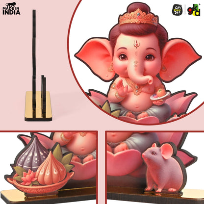 Lord Ganesh Wooden Table Top Frame with Modak and Mouse | Divine Ganesha Idol for Home, Office & Gift Purposes | Spiritual Home Décor 6x5