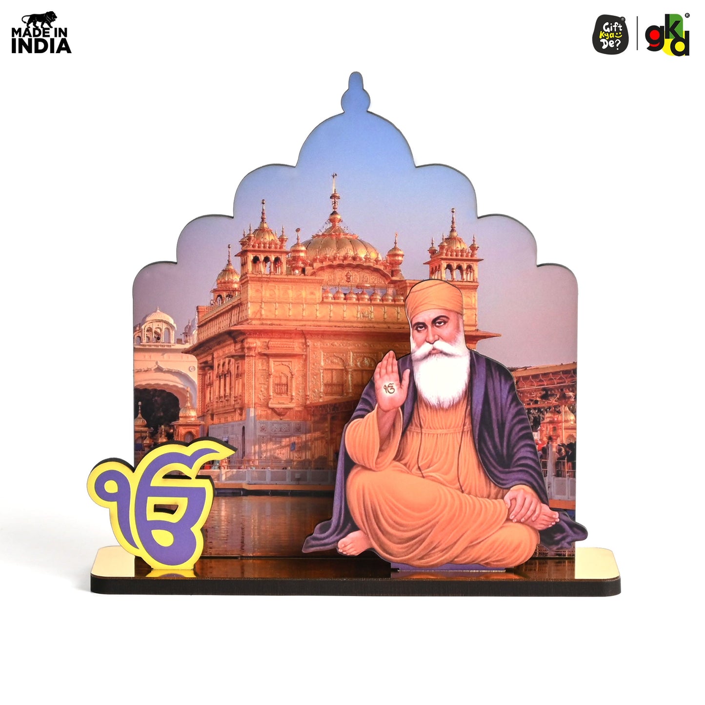 Guru Nanak Dev Ji & Guru Gobind Singh Ji Wooden Table Top Idols with Golden Temple Background | Spiritual Decor for Home & Office | Sikh Religious Gift