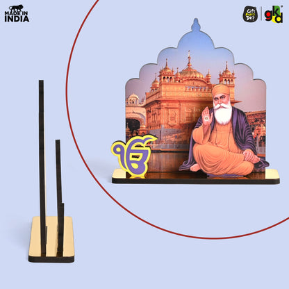 Guru Nanak Dev Ji & Guru Gobind Singh Ji Wooden Table Top Idols with Golden Temple Background | Spiritual Decor for Home & Office | Sikh Religious Gift