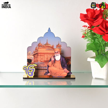 Guru Nanak Dev Ji & Guru Gobind Singh Ji Wooden Table Top Idols with Golden Temple Background | Spiritual Decor for Home & Office | Sikh Religious Gift