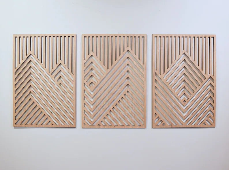 Mountain Wood Wall Art Panels Set of 3 Geometric Wooden Artwork