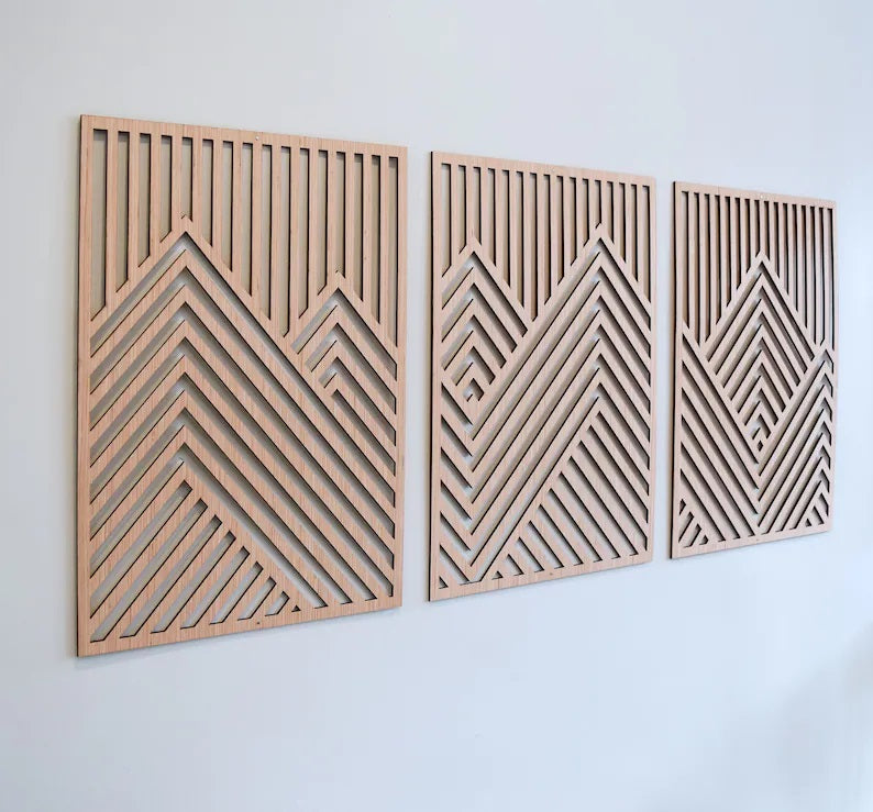 Mountain Wood Wall Art Panels Set of 3 Geometric Wooden Artwork