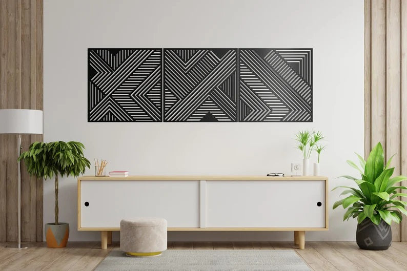 Geometric Lines Panel Set of 3 Wooden Wall Art Decor