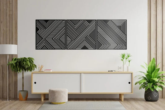 Geometric Lines Panel Set of 3 Wooden Wall Art Decor