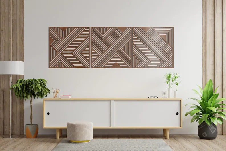 Geometric Lines Panel Set of 3 Wooden Wall Art Decor