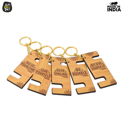 Cellphone Stand with Keyring | Wooden Mobile Stand with 2 in 1 Style Watch Video Horizontal and Vertical | Premium Golden Keychain