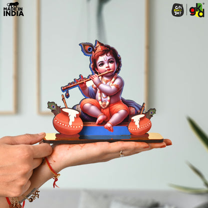 Decorative Lord Krishna Table Top Frame with Flute and Butter Pots | Divine Baby Krishna Idol for Home, Office & Gift Purposes | Spiritual Home Décor