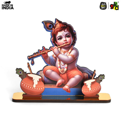 Decorative Lord Krishna Table Top Frame with Flute and Butter Pots | Divine Baby Krishna Idol for Home, Office & Gift Purposes | Spiritual Home Décor