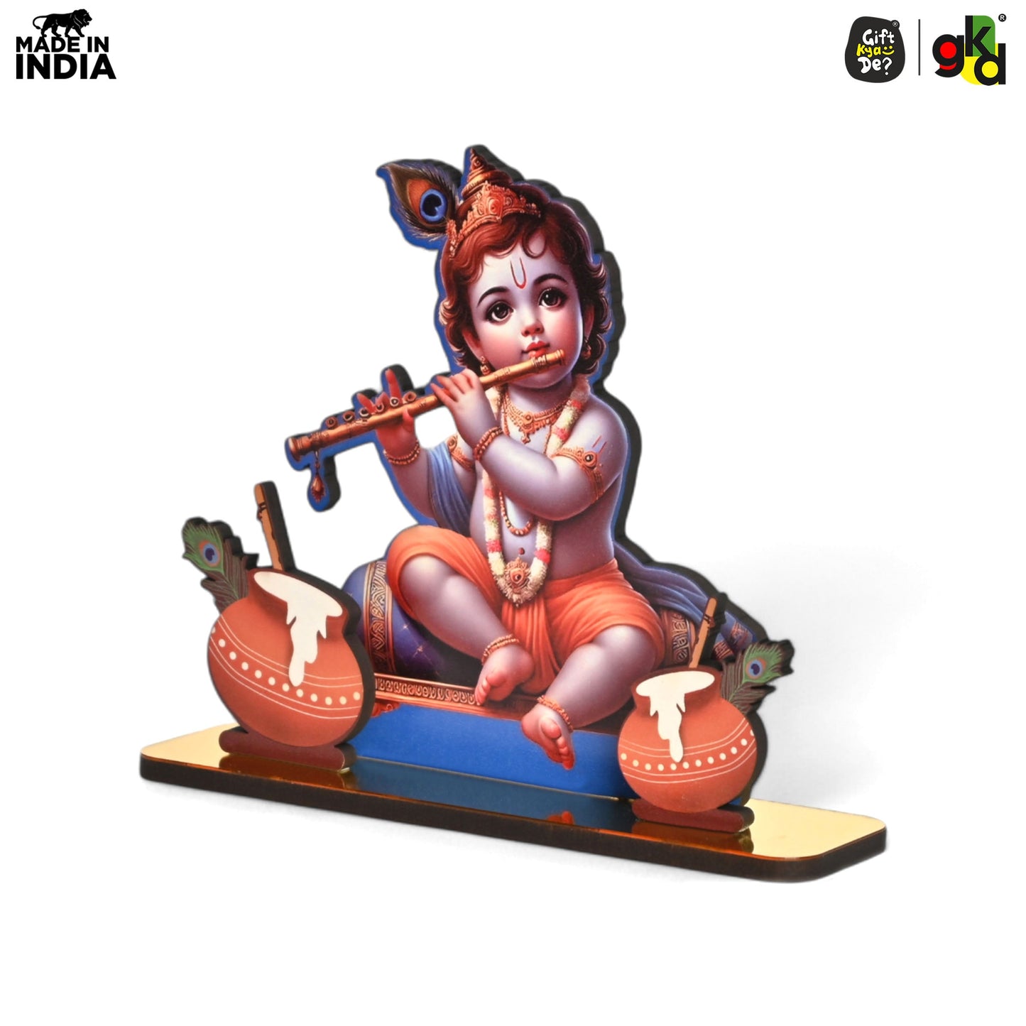 Decorative Lord Krishna Table Top Frame with Flute and Butter Pots | Divine Baby Krishna Idol for Home, Office & Gift Purposes | Spiritual Home Décor