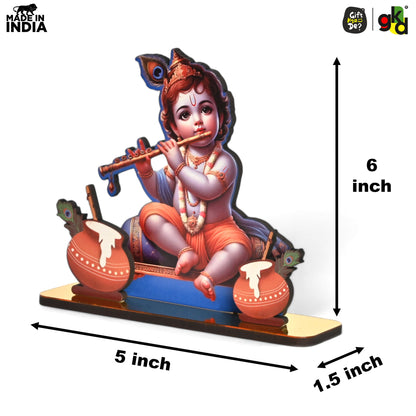 Decorative Lord Krishna Table Top Frame with Flute and Butter Pots | Divine Baby Krishna Idol for Home, Office & Gift Purposes | Spiritual Home Décor