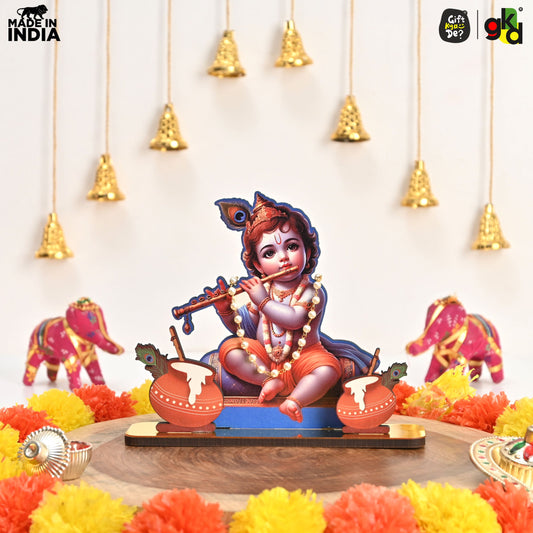 Decorative Lord Krishna Table Top Frame with Flute and Butter Pots | Divine Baby Krishna Idol for Home, Office & Gift Purposes | Spiritual Home Décor