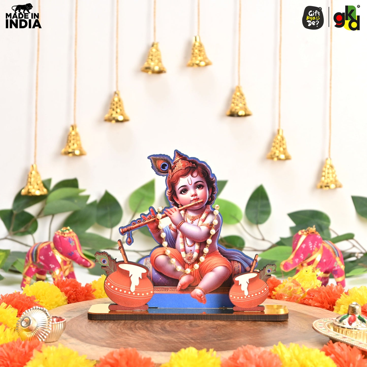 Decorative Lord Krishna Table Top Frame with Flute and Butter Pots | Divine Baby Krishna Idol for Home, Office & Gift Purposes | Spiritual Home Décor