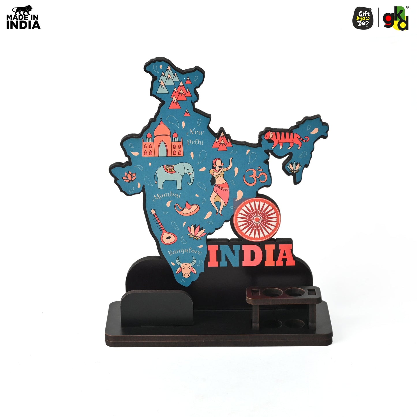 India Map Desk Table Top with Pen Holder & Visiting Card Stand – Showcasing Iconic Places, Pride Animals, and Culture | Patriotic Gifts for Republic Day & Independence Day