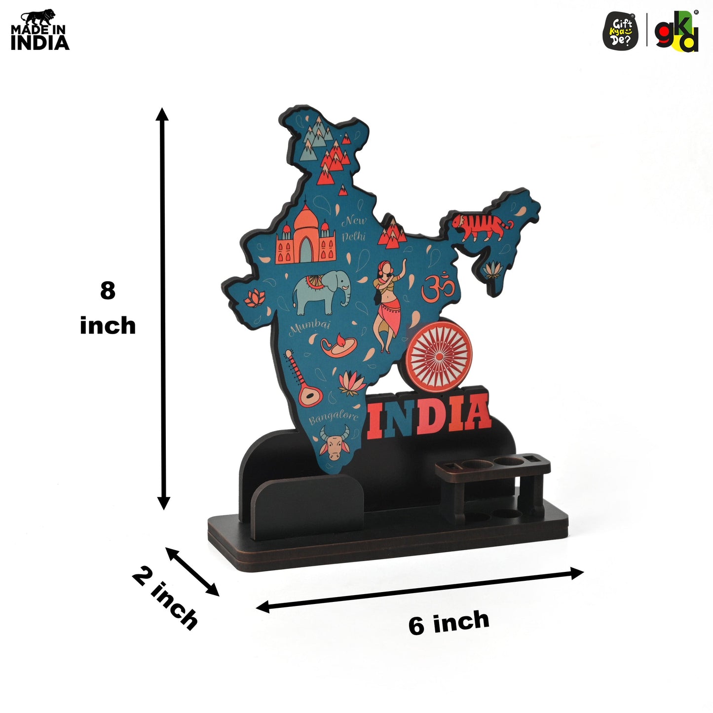 India Map Desk Table Top with Pen Holder & Visiting Card Stand – Showcasing Iconic Places, Pride Animals, and Culture | Patriotic Gifts for Republic Day & Independence Day