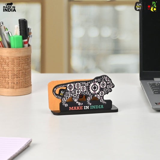 Make In India Themed Visiting Card Stand, Decorative Lion Gear Pattern Design