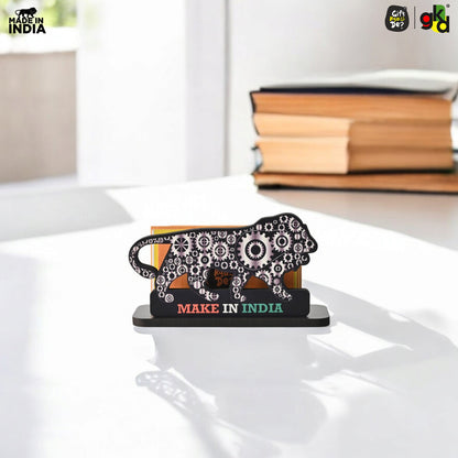 Make In India Themed Visiting Card Stand, Decorative Lion Gear Pattern Design