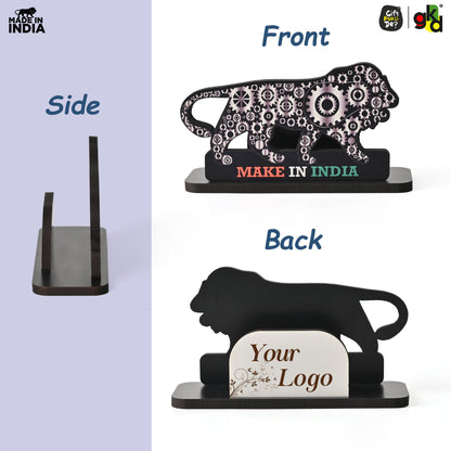 Make In India Themed Visiting Card Stand, Decorative Lion Gear Pattern Design