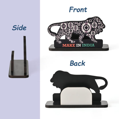 Make In India Themed Visiting Card Stand, Decorative Lion Gear Pattern Design