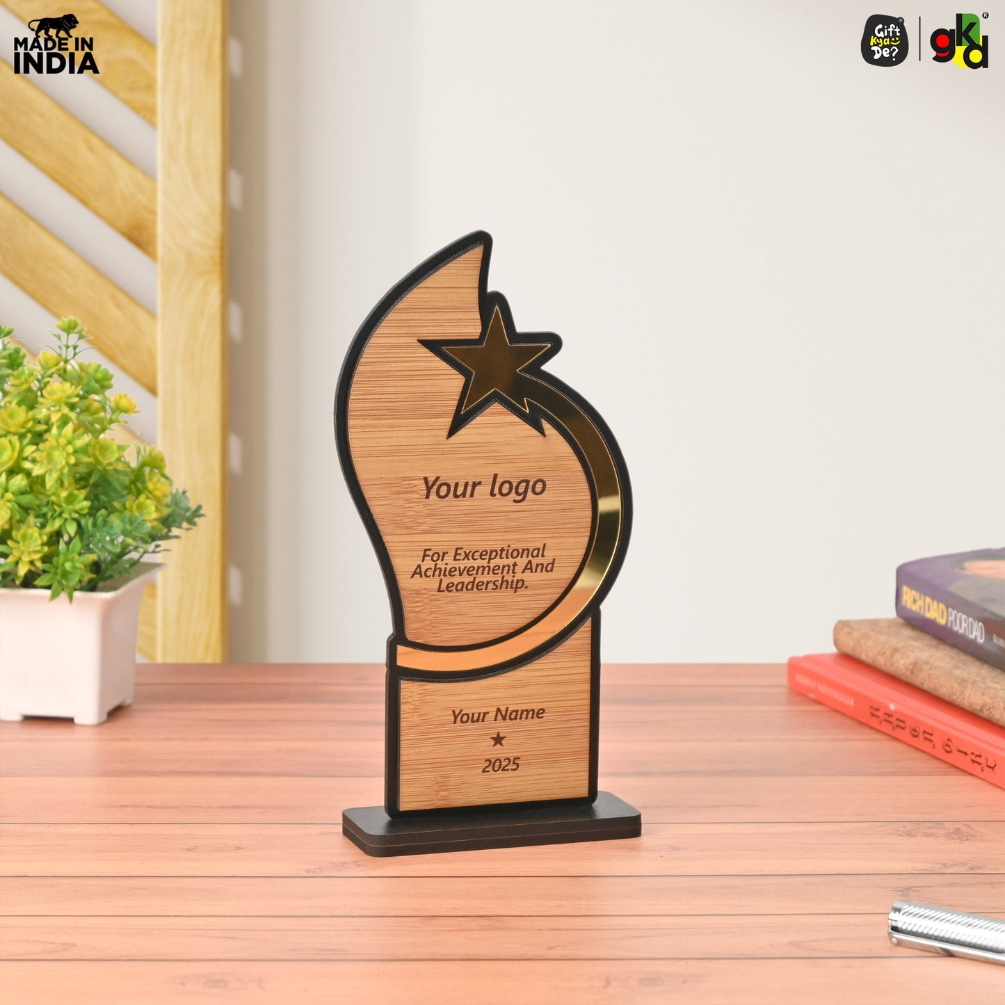 Personalized Star Trophy | Custom Wooden & Acrylic Award with Logo & Name | Corporate Gifts