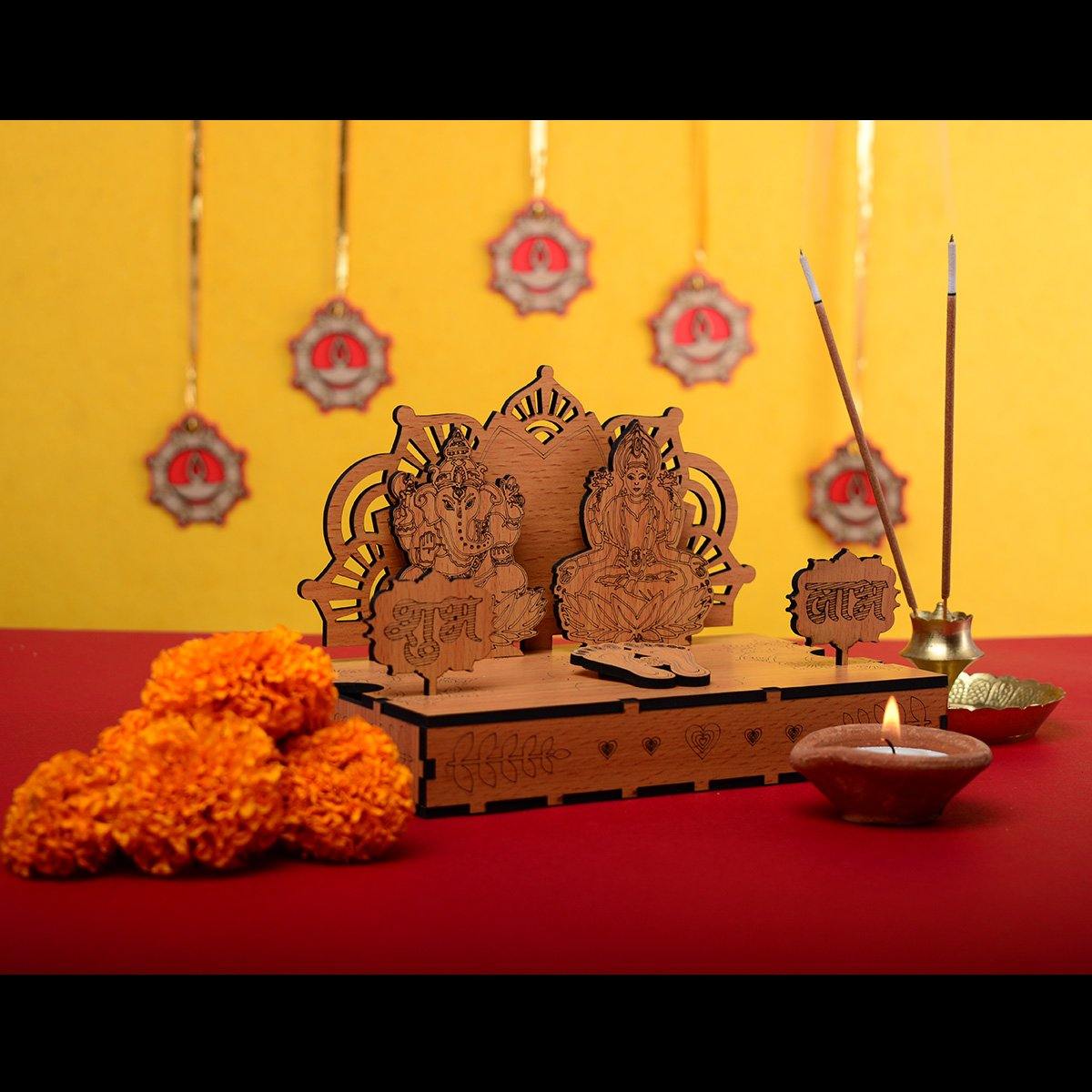 Wooden Diwali Gift Set Mandir, Diya Toran and Shubh Labh Swastik Dangler