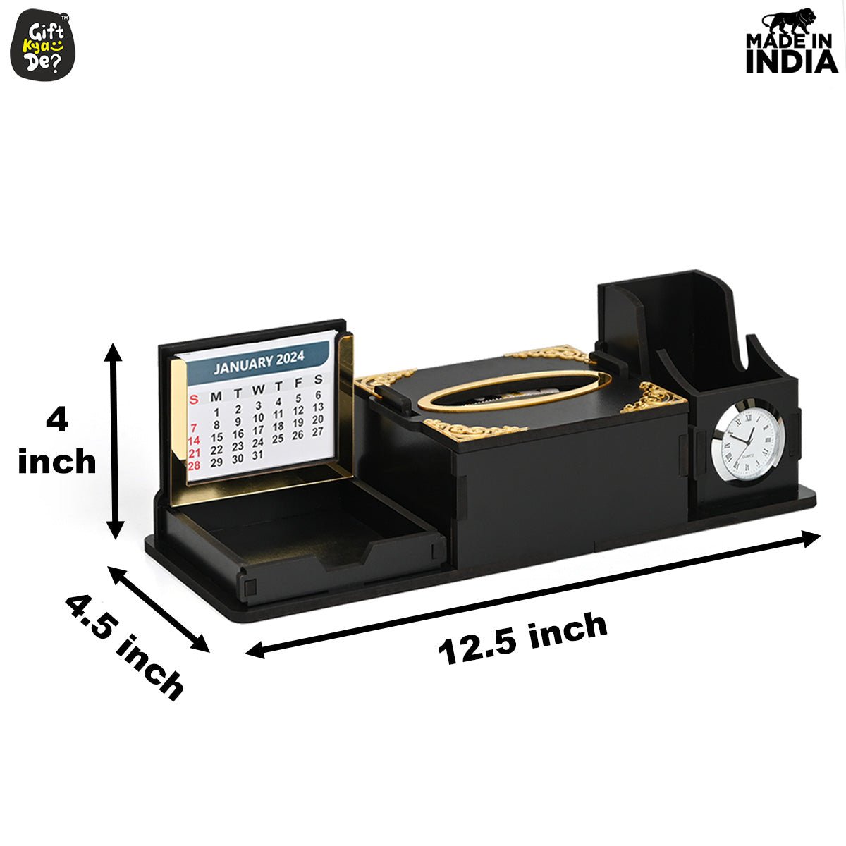 Desk Organizer With Clock and Calendar 2025 | Calendar With Tissue Box Holder | Free Tissue Paper Refill Pack (Ecofriendly)