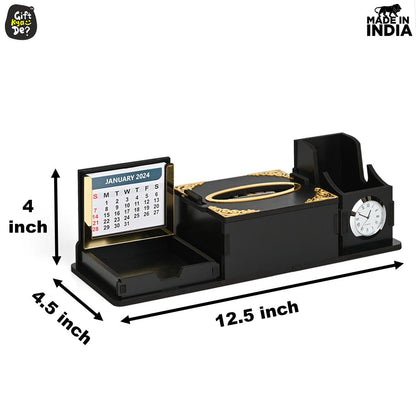 Desk Organizer With Clock and Calendar 2025 | Calendar With Tissue Box Holder | Free Tissue Paper Refill Pack (Ecofriendly)