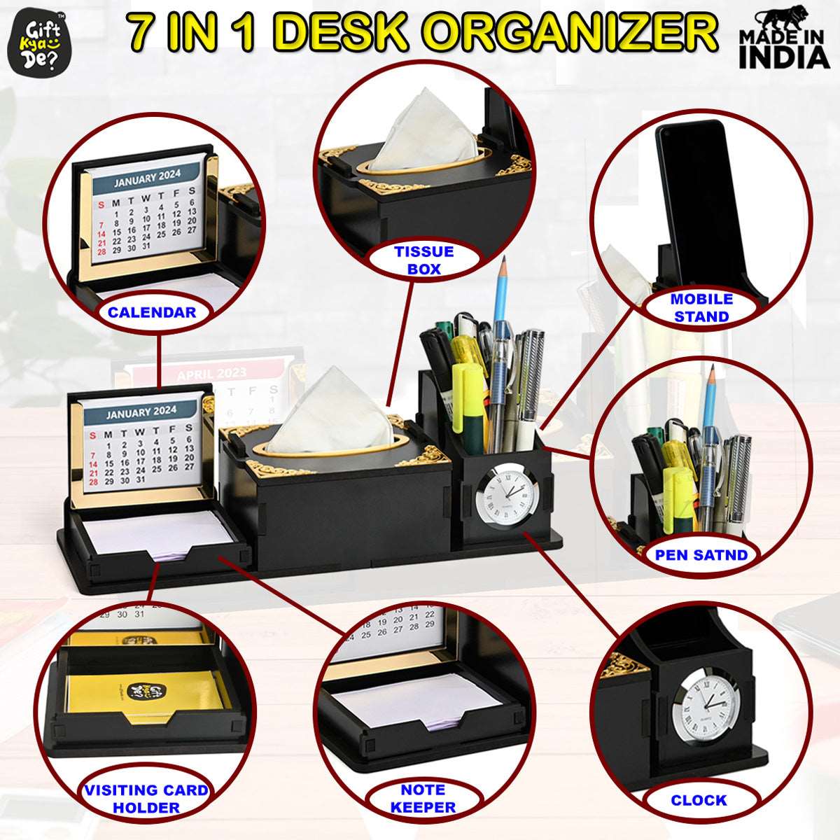 Desk Organizer With Clock and Calendar 2025 | Calendar With Tissue Box Holder | Free Tissue Paper Refill Pack (Ecofriendly)