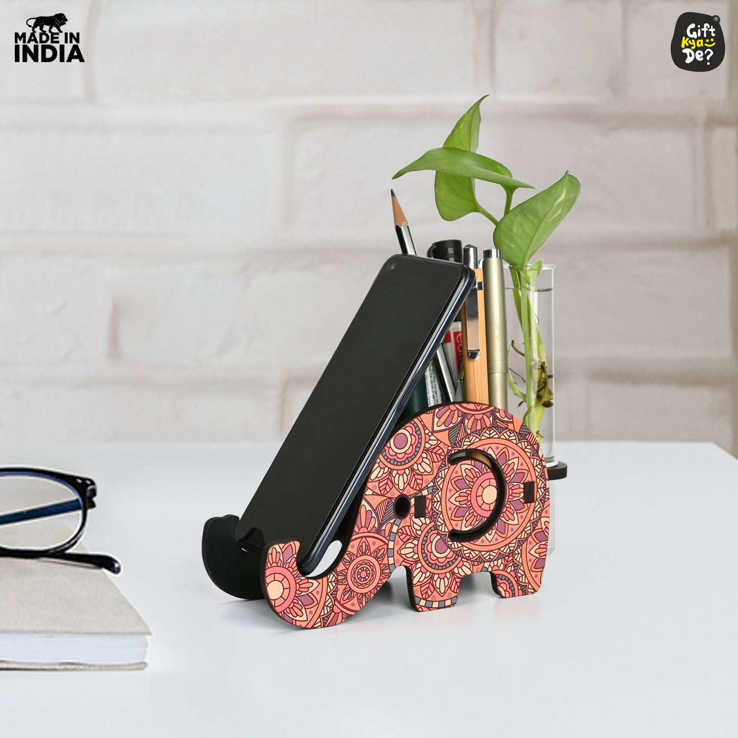 Elephant Shaped Wooden Pen Holder & Mobile Stand | Mandala Art Design | Also with Test Tube Planter