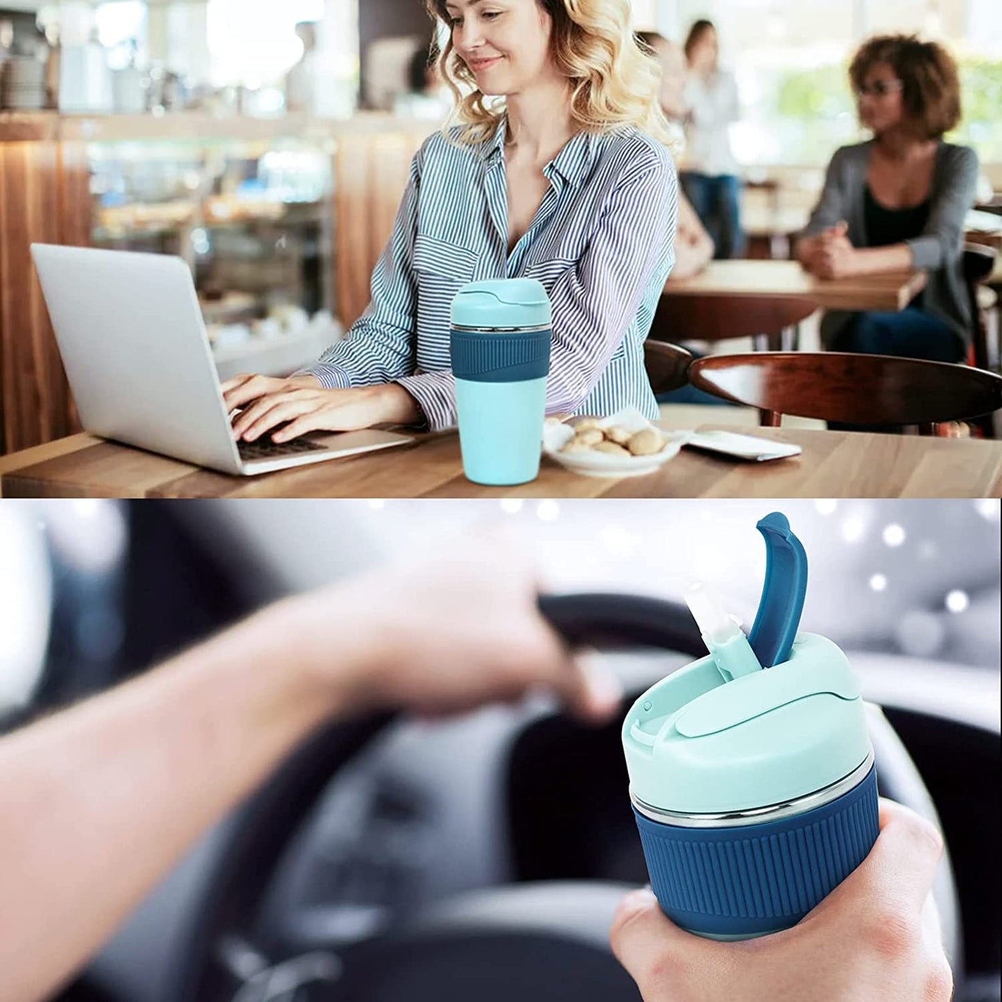 MustHome Satinless Steel Coffee Mug with lid Travel Mug Blue 500ml