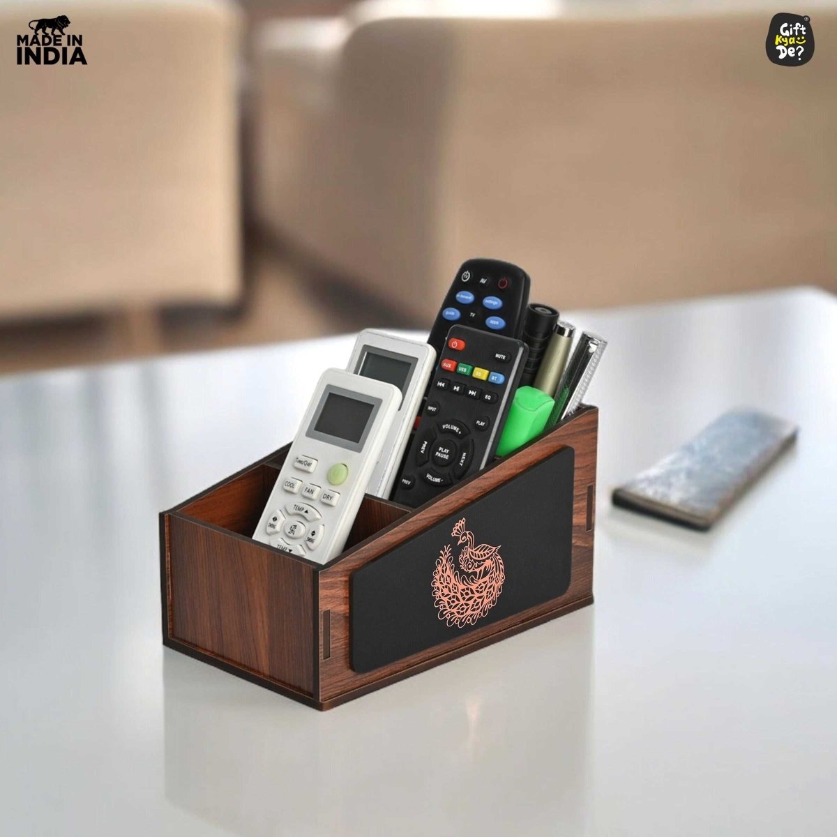 Remote Stand with 3 Sections | Wooden Remote Holder for TV and AC | Stationary Organizer