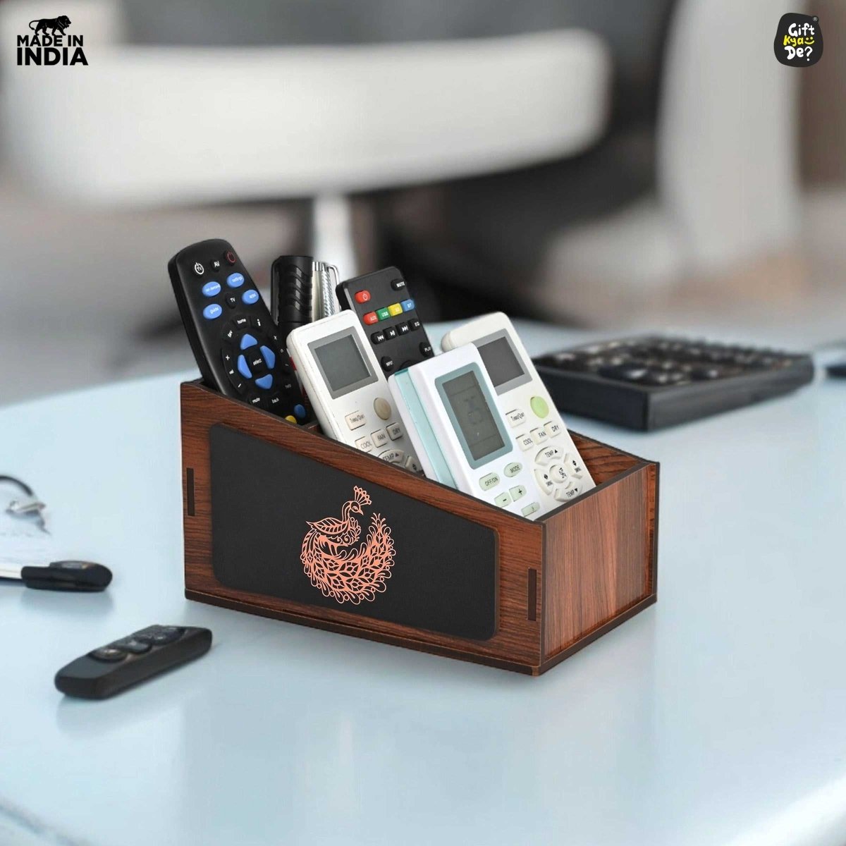 Remote Stand with 3 Sections | Wooden Remote Holder for TV and AC | Stationary Organizer