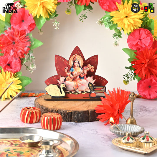 Saraswati Maa Wooden Table Top | Desk Decor for Wisdom & Knowledge | Gift for Students & Professionals